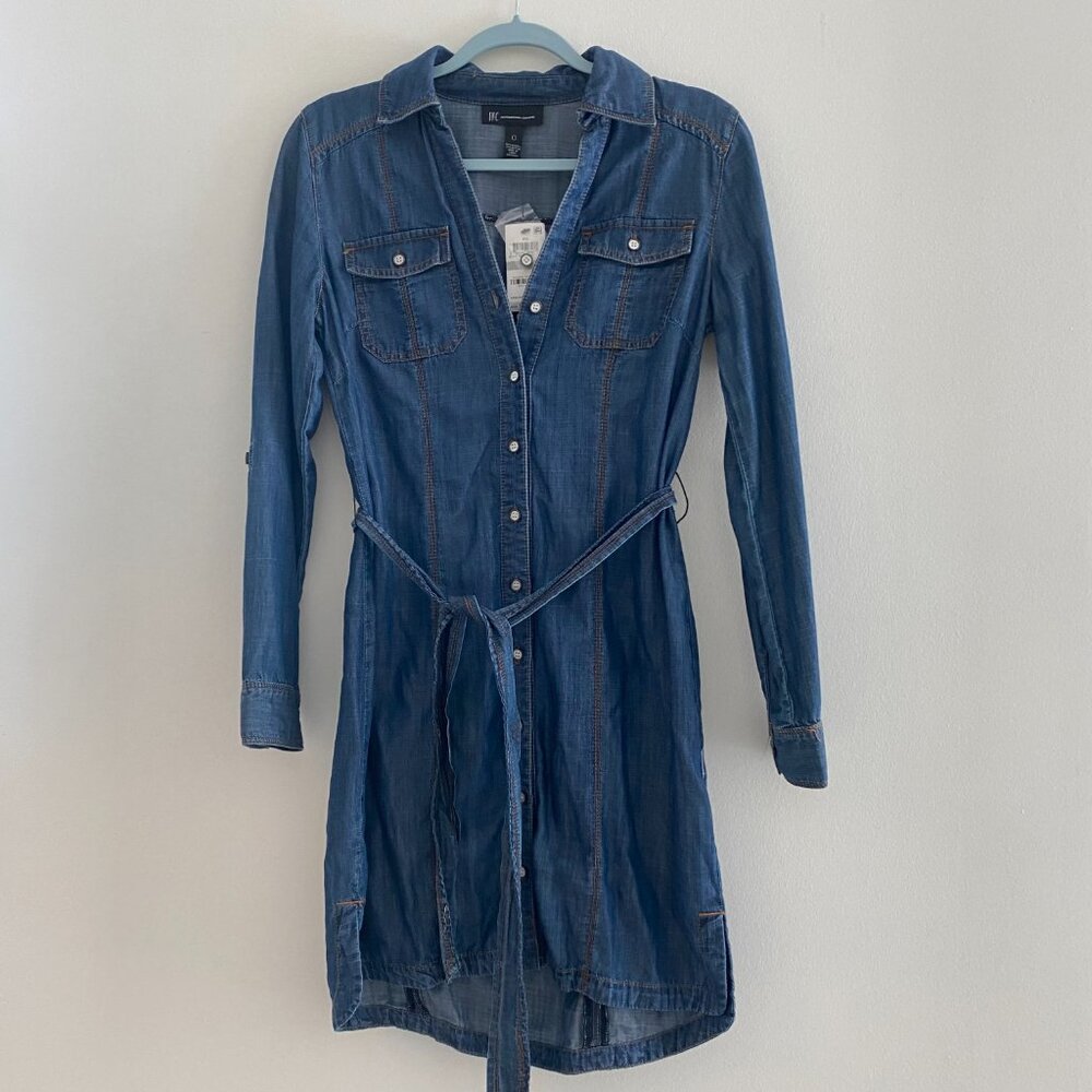 NWT! INC International Concept Women Denim Dress Long Sleeves Botton Tie Size 0